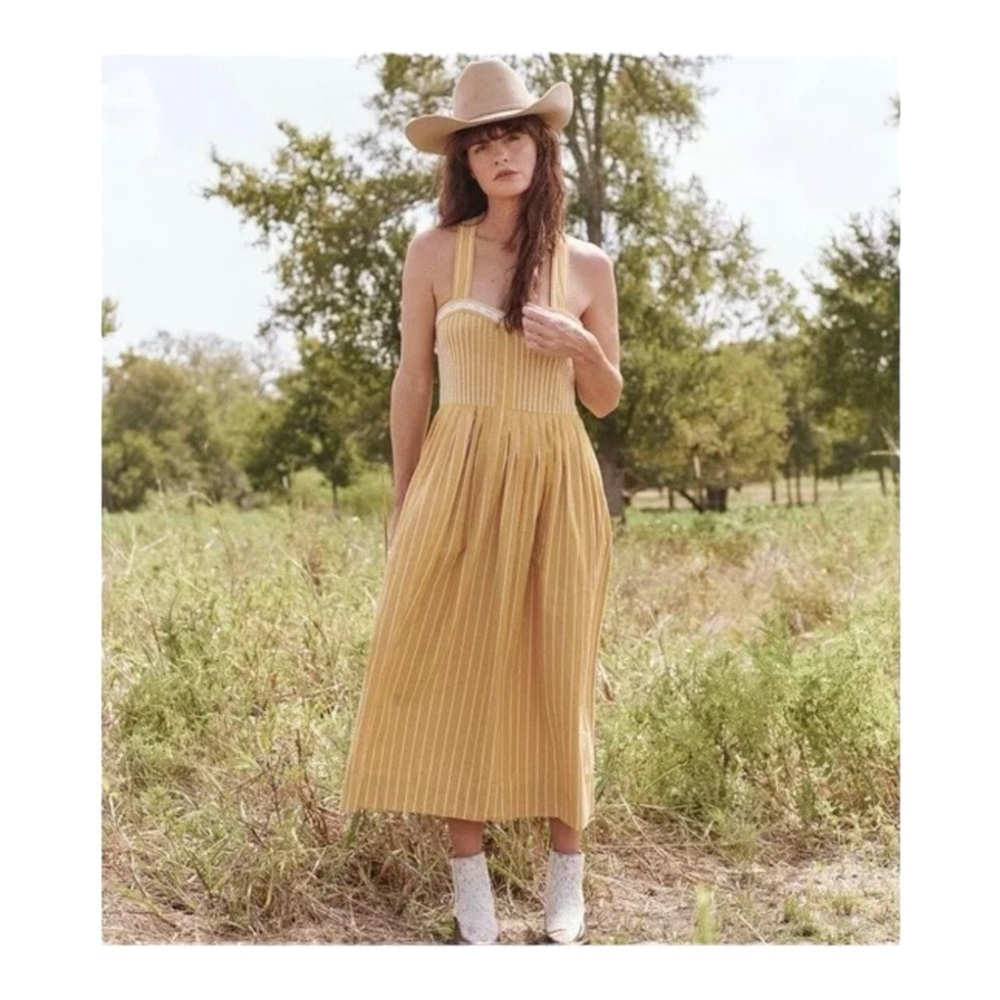 The Great Laurel Yellow Striped Sweetheart Sleeveless Midi Dress